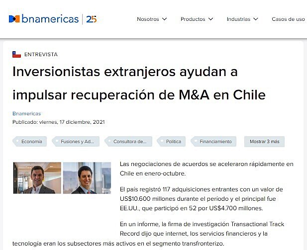 Inversionistas extranjeros ayudan a impulsar recuperacin de M&A en Chile